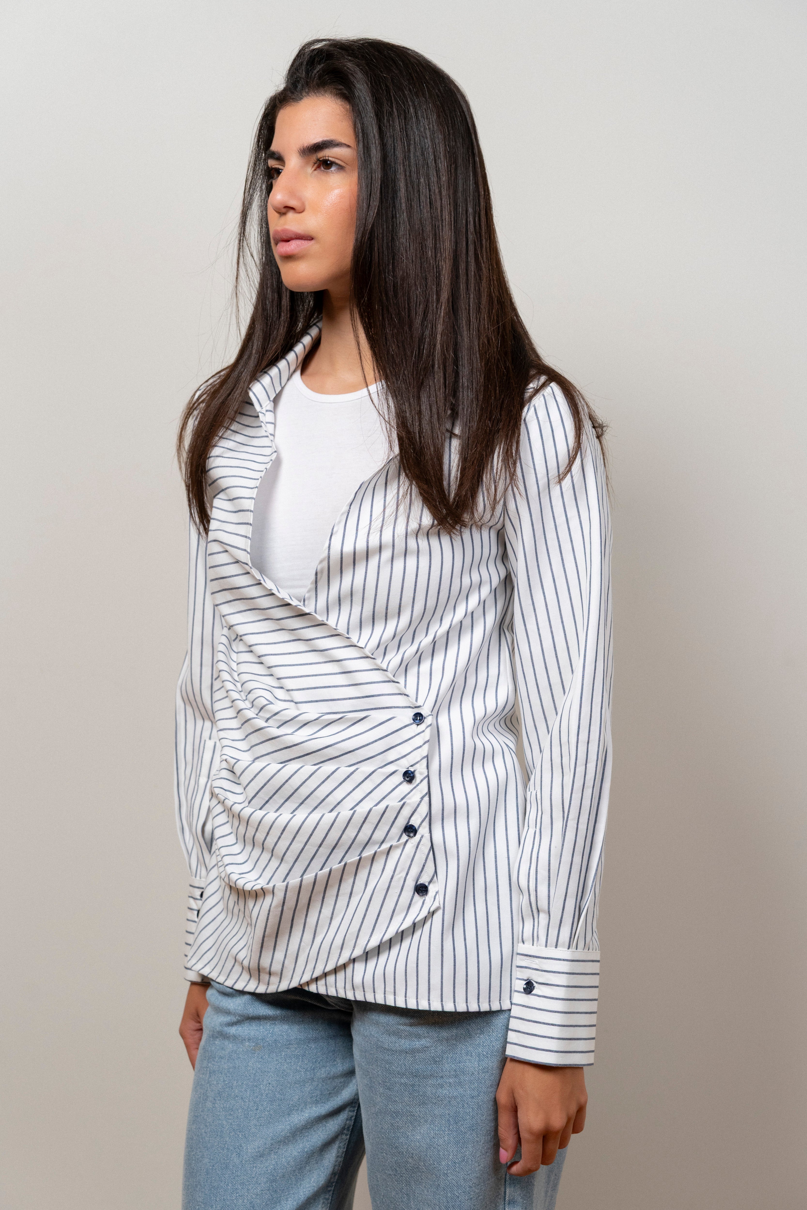 The Tide Drape White x navy blue shirt