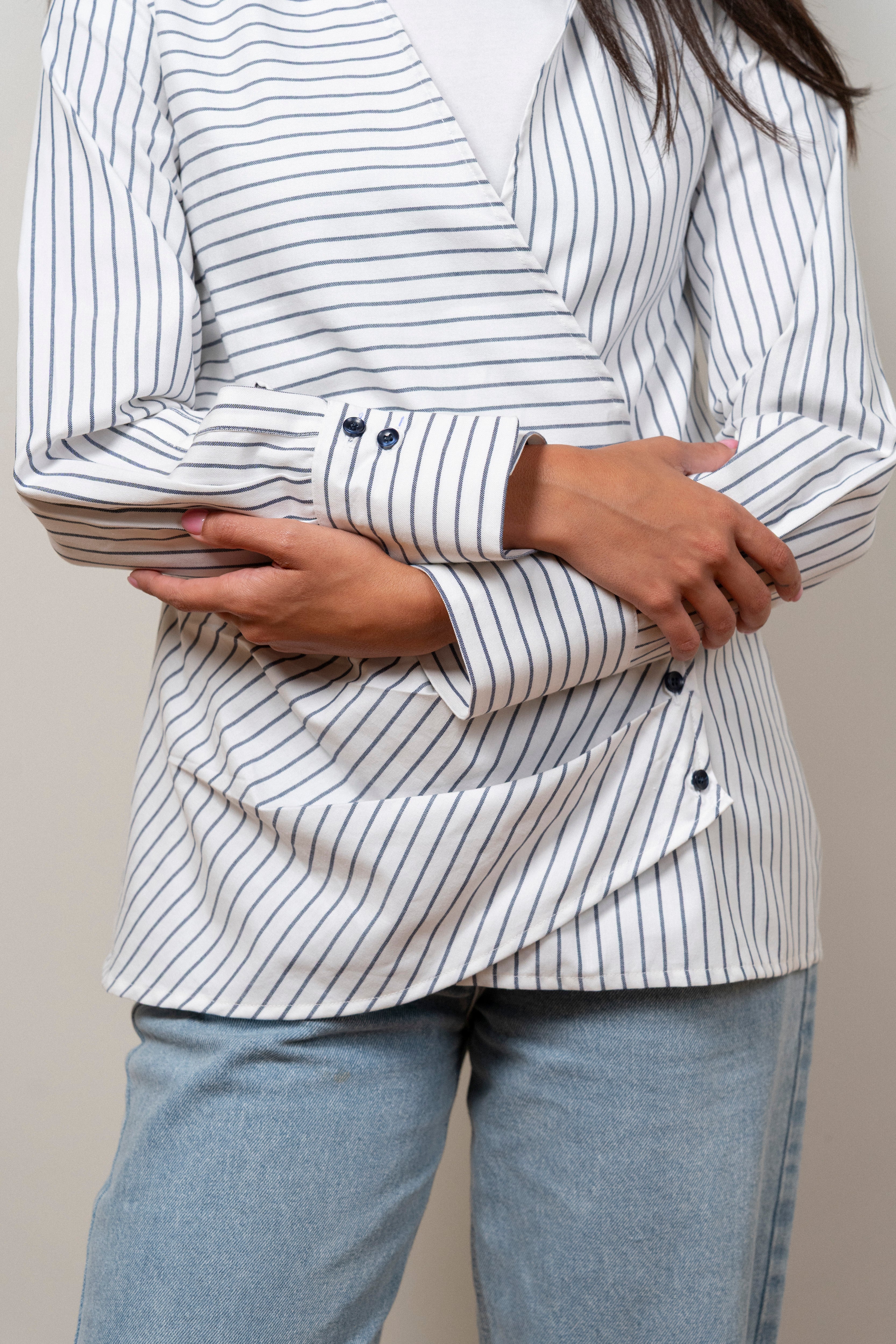 The Tide Drape White x navy blue shirt